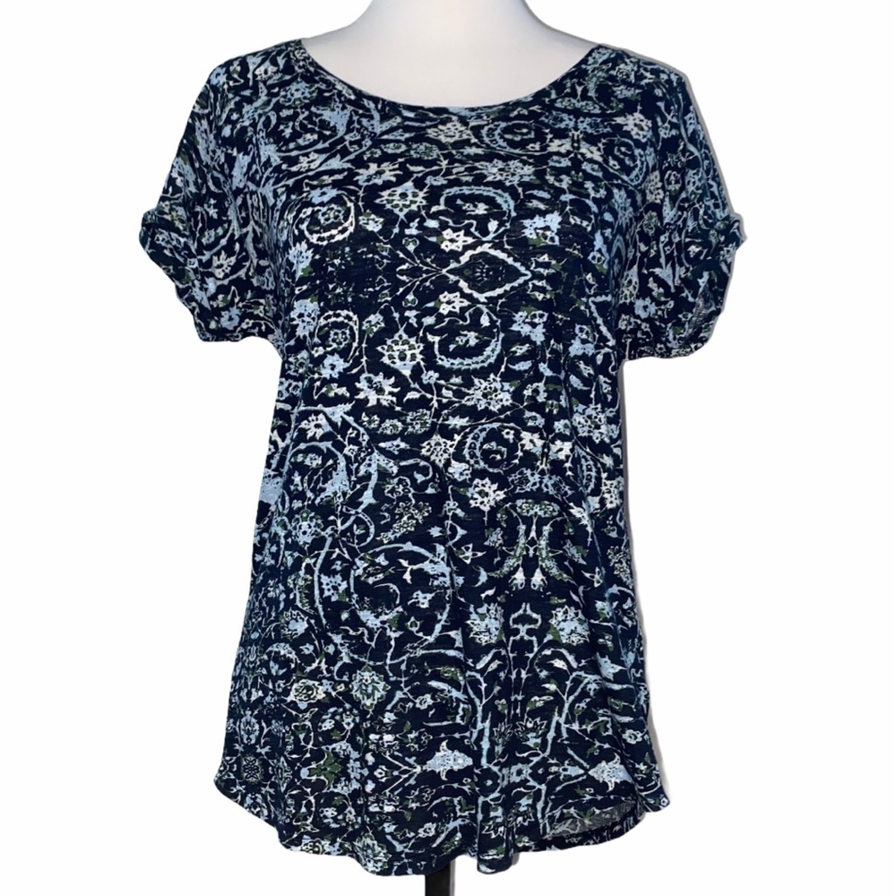 3/$30 Lucky Brand Boho Top Split Back Hem S Tee Navy Blue Floral Print T-Shirt